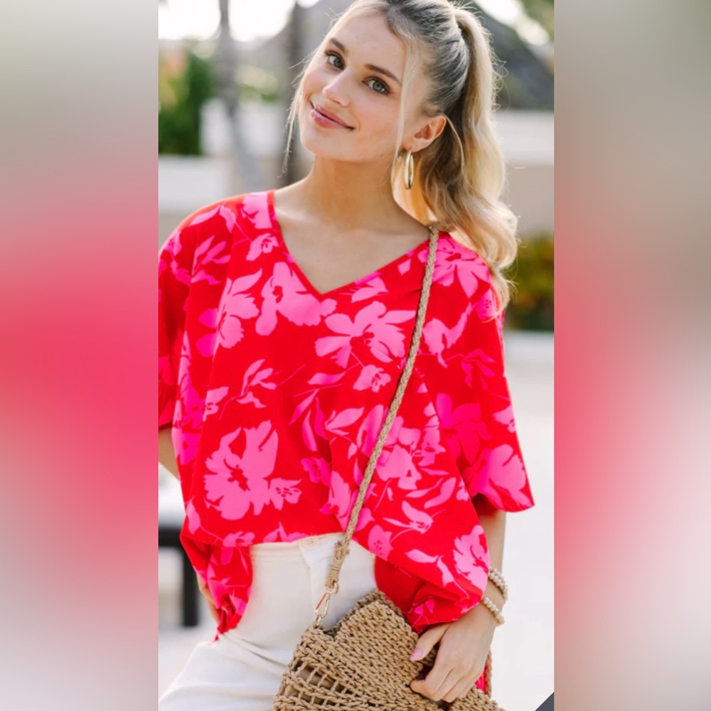 Fuchsia & Pink Floral Short Sleeve Blouse | Oversized S-XL | New | Mint Julep